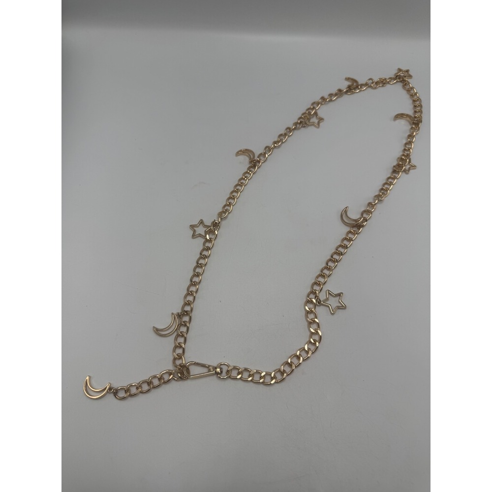 Gold Tone Celestial Moon and Star Charm Chain Belt Adjustable Curb Link